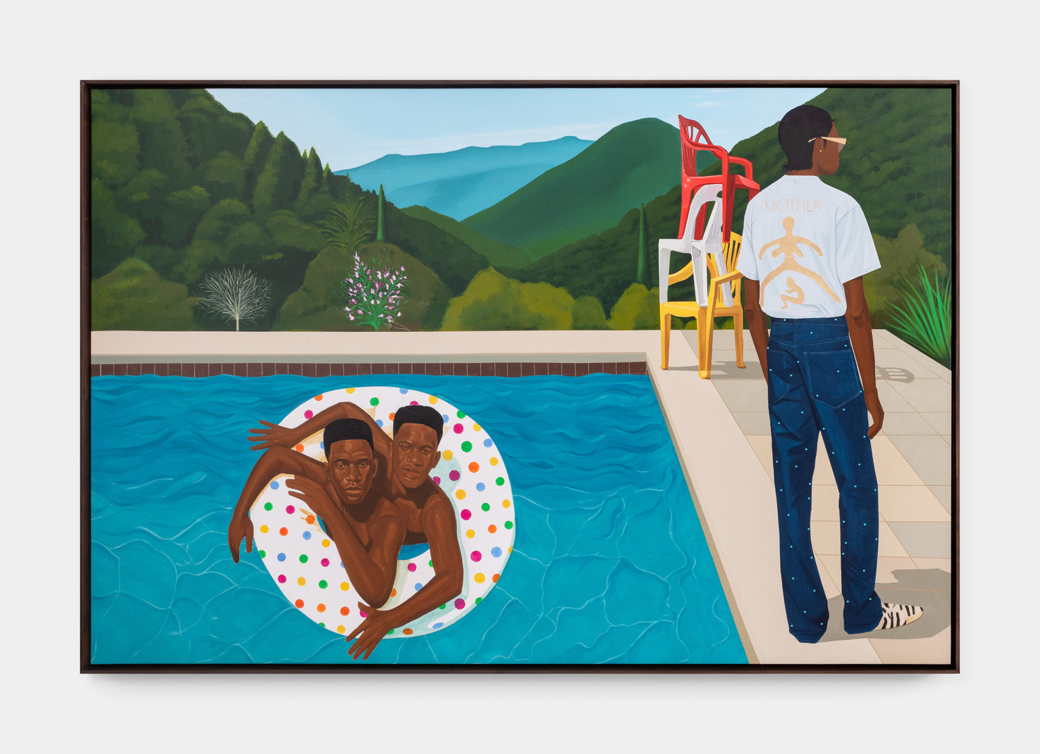 Portrait of Molemo in Wanda Lephoto Mother and Child T shirt with Pearl Applique Denim Pant ( Pool with Two Figures)