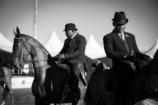 Regan Mokwena on Fear Not and Otto Bekkers on Commander Jack. National Saddlebred Championships, Bloemfontein.