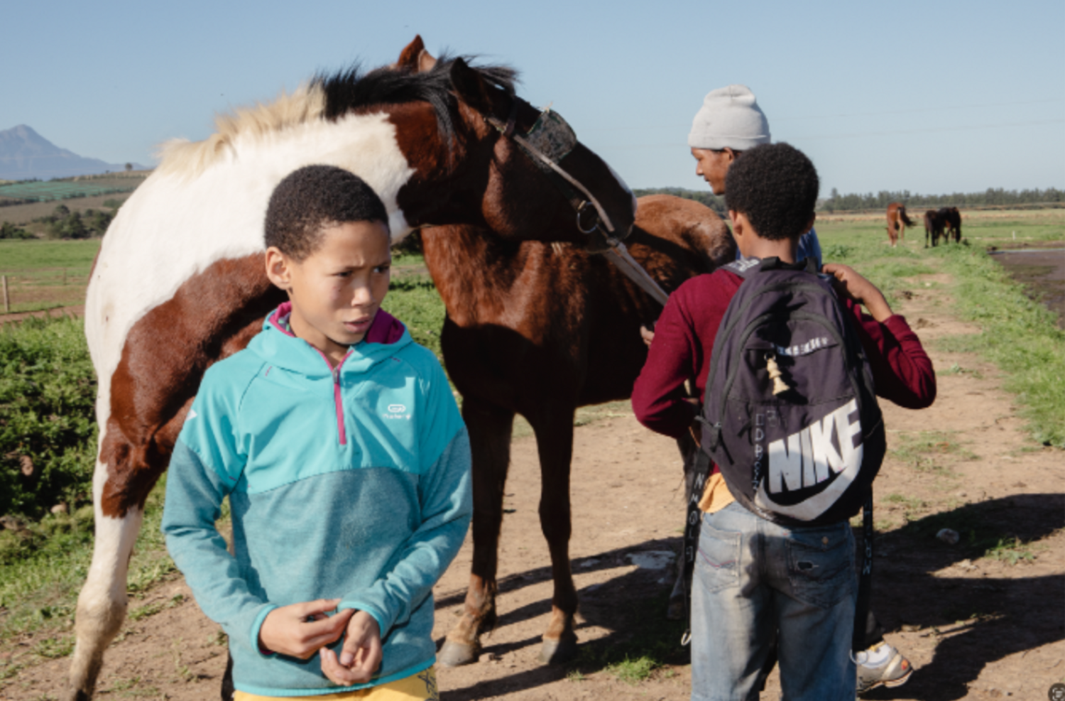 Tyrique Muller, Elnaldo Jafta and Matthew Plaatjies with Stallion and Queenie. Greyton