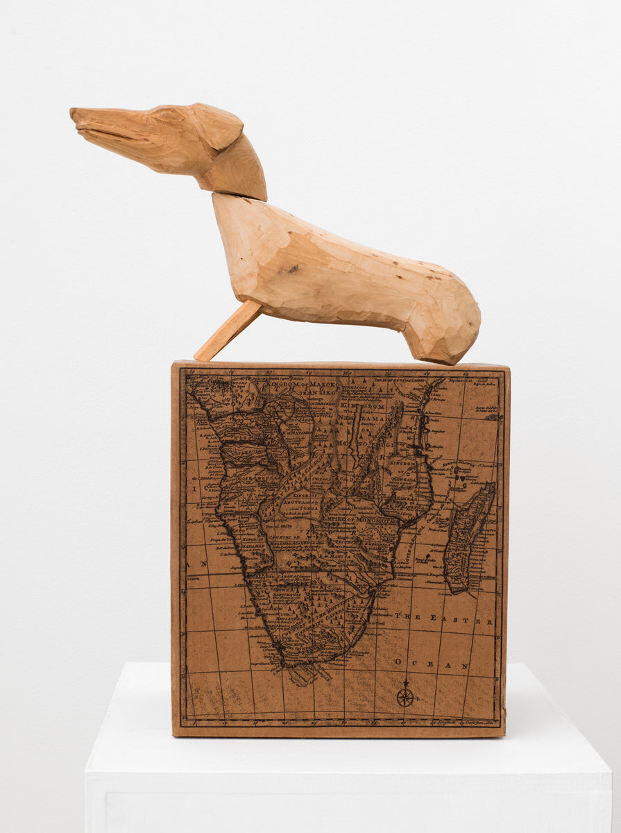 Seated Dog on Wine Box Depicting Map of Southern Africa